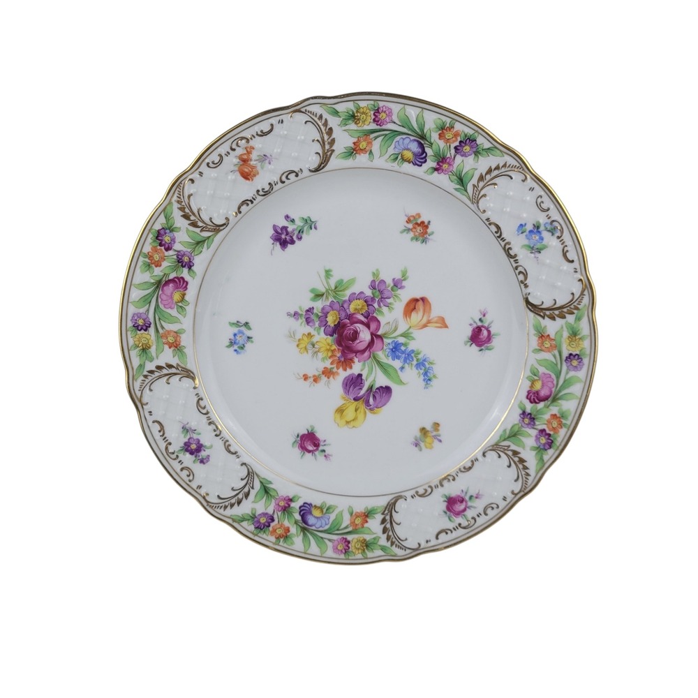 Schumann Germany Empress Dresden Flowers Porcelain‎ Dinner Plate Gold Trim 10"